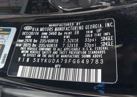 2015 Kia Sorento Ex V6 z USA, uszkodzony, nr VIN 5XYKUDA79FG649783